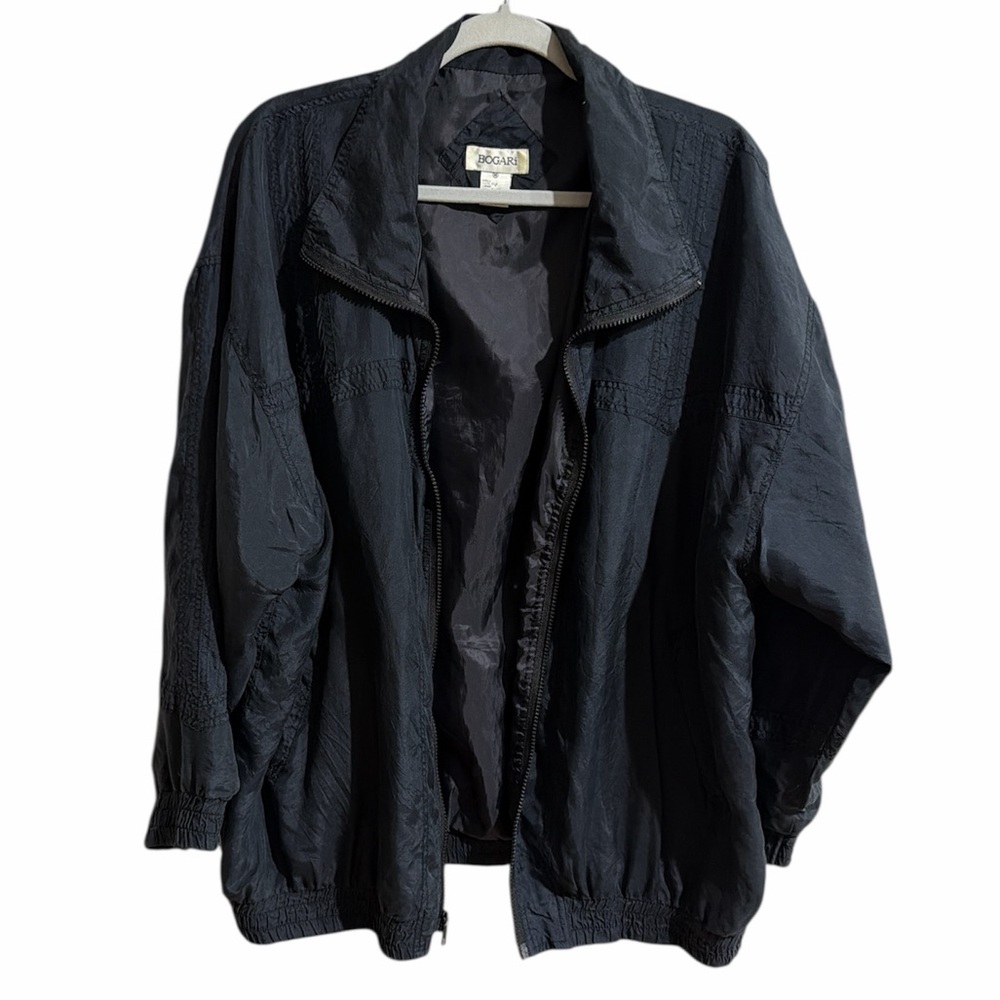 Vintage Bogari Silk Women Medium Oversized Black Windbreaker Zip‎ Up Jacket